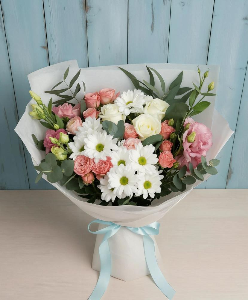 Букет цветов из: Розы, Лизиантусы и Хризантемы в Андрее-Кургане