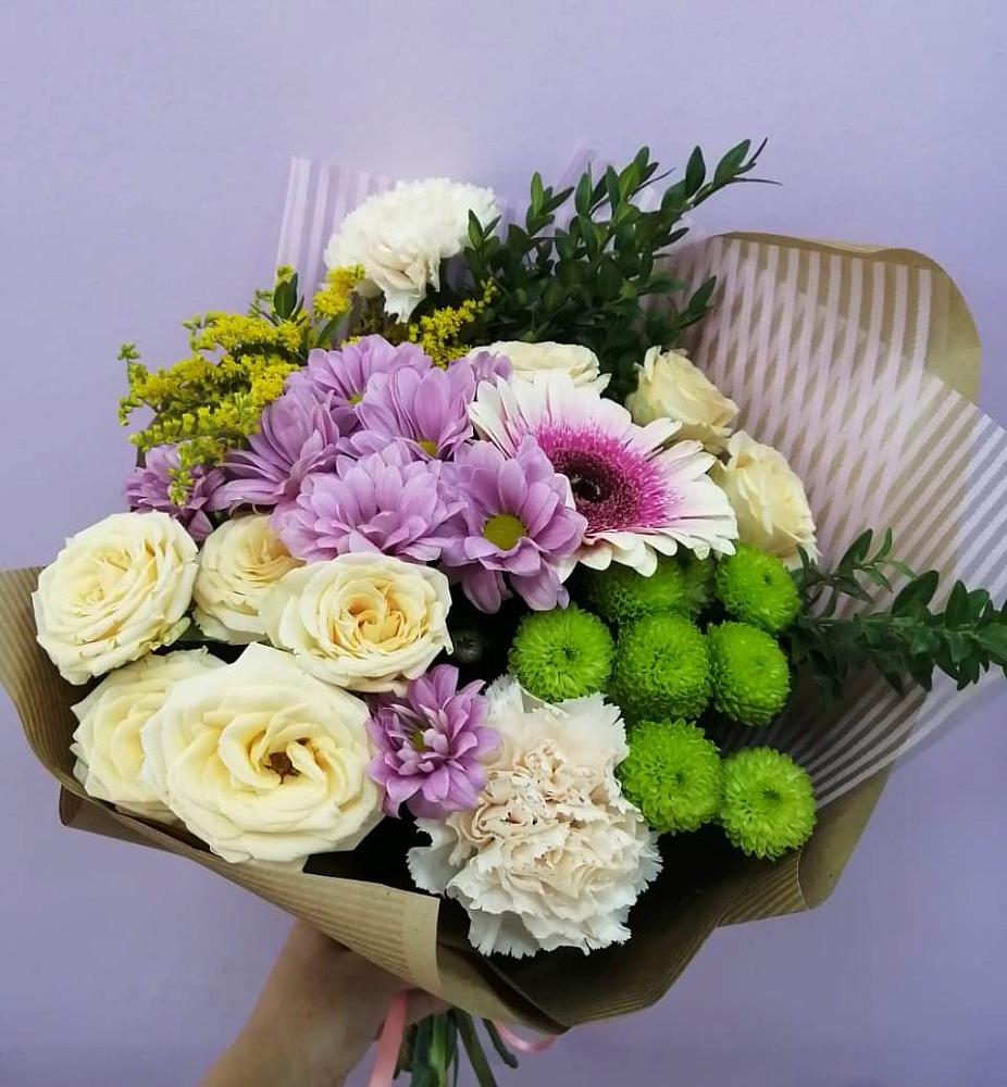 Букет цветов из: Хризантемы, Розы, Гвоздики и Герберы в Андрее-Кургане