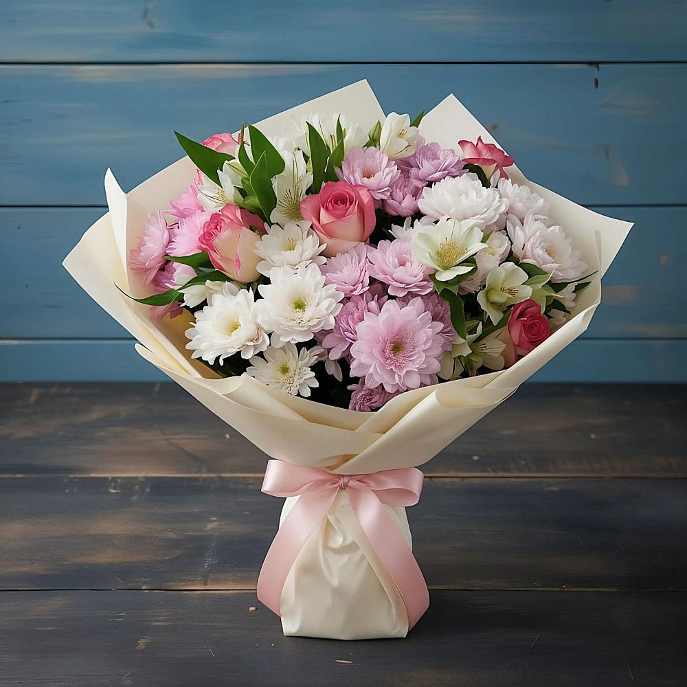 Букет цветов из: Хризантемы, Альстромерии и Розы в Андрее-Кургане